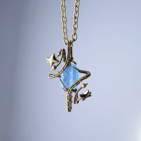 Quartzberry - Bronze Blue Aquamarine Polaris Wire Wrap Necklace - one of a kind
