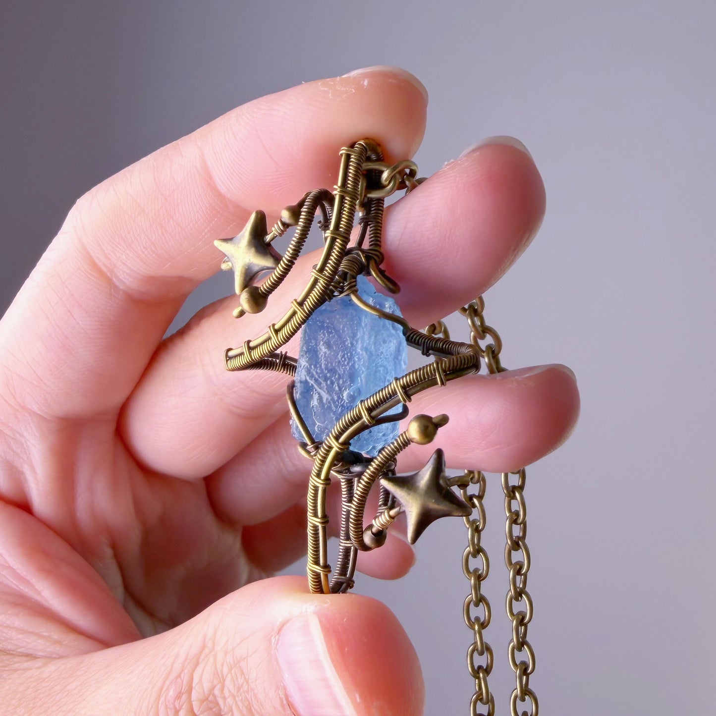 Quartzberry - Bronze Blue Aquamarine Polaris Wire Wrap Necklace - one of a kind