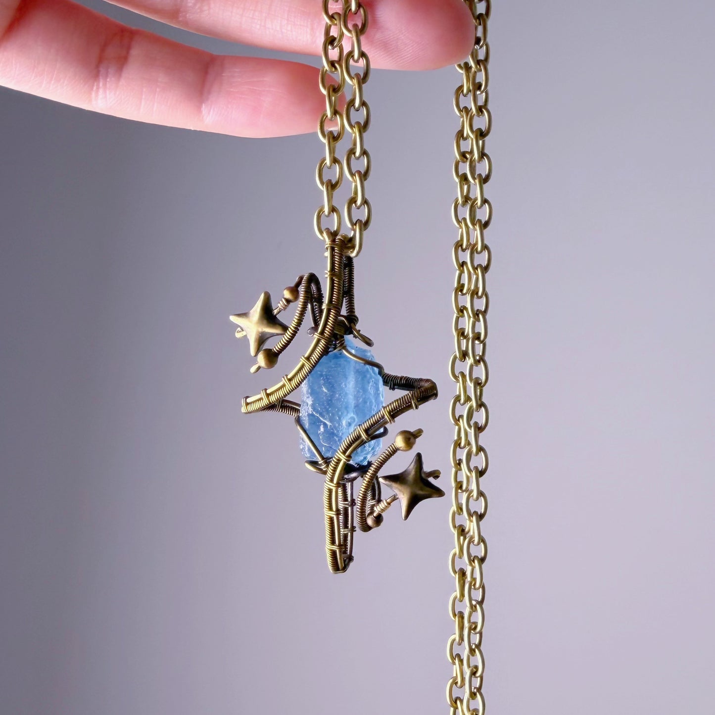 Quartzberry - Bronze Blue Aquamarine Polaris Wire Wrap Necklace - one of a kind