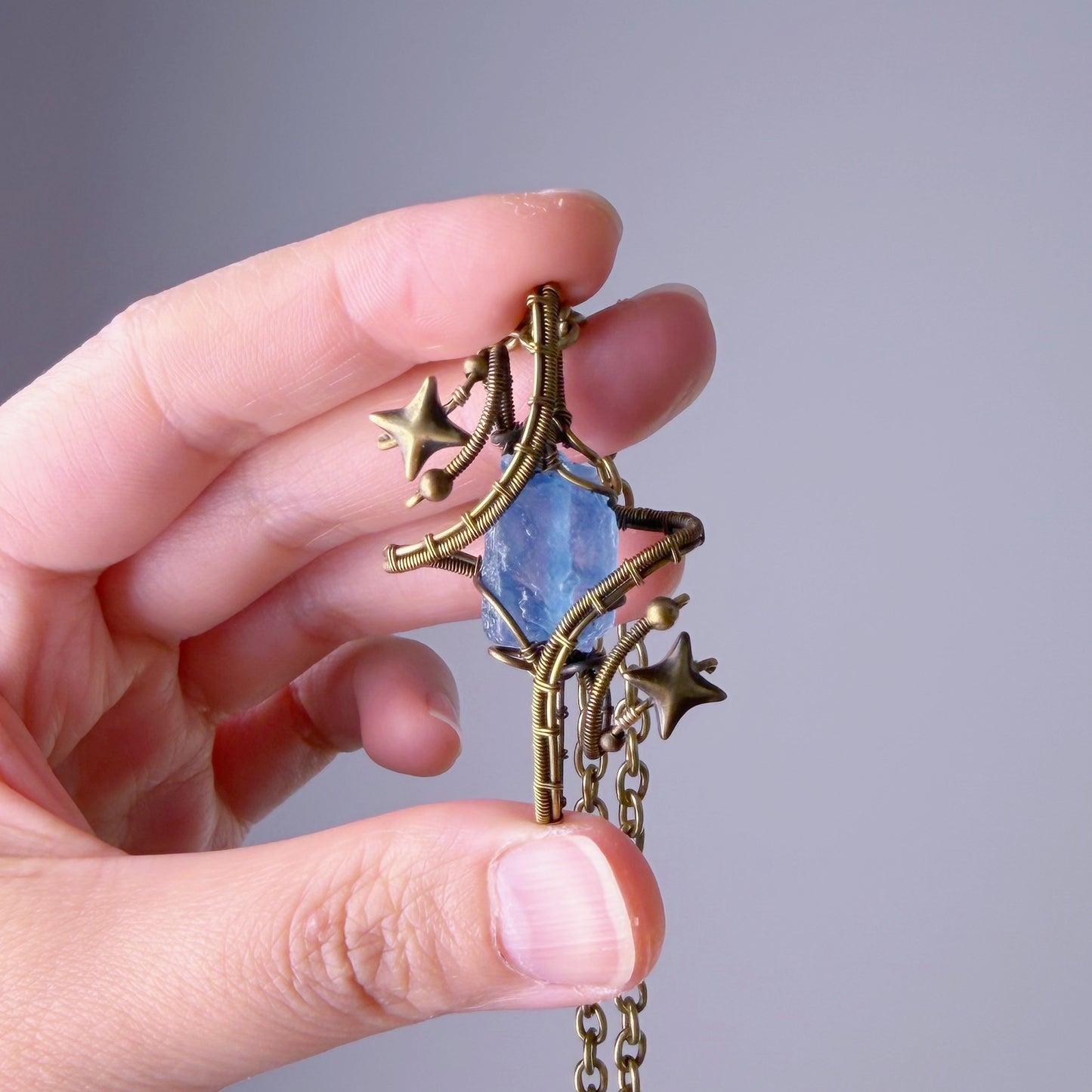 Quartzberry - Bronze Blue Aquamarine Polaris Wire Wrap Necklace - one of a kind