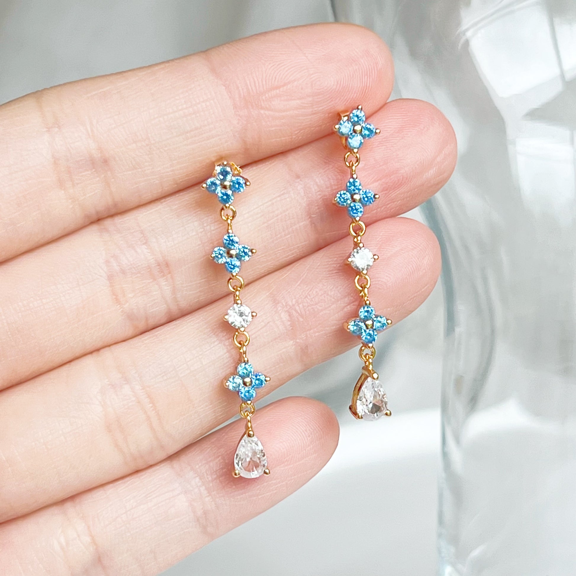 Mini Blue Crystal Flowers Drop Earrings-Ninaouity