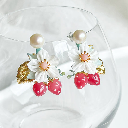Mini Red Strawberry Gold Leaf with Fabric Flowers Earrings-Ninaouity