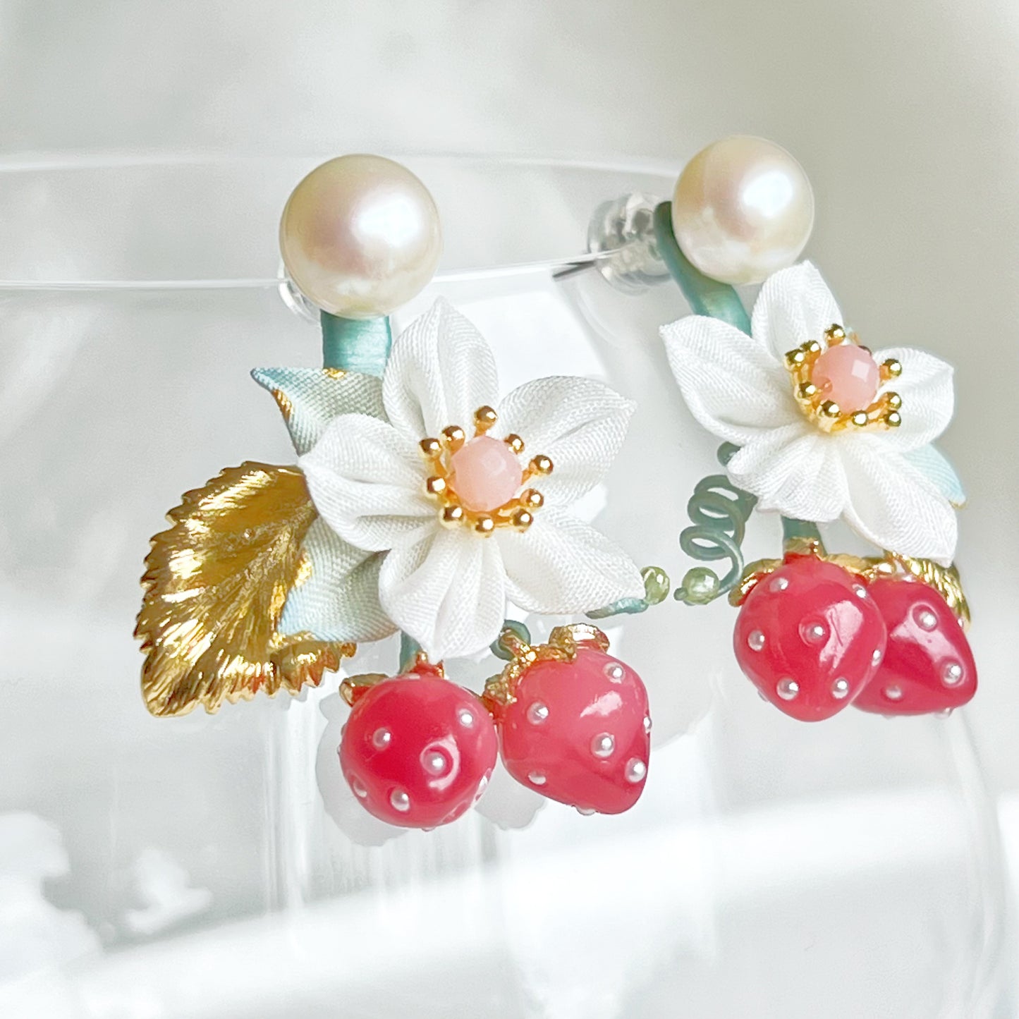 Mini Red Strawberry Gold Leaf with Fabric Flowers Earrings-Ninaouity