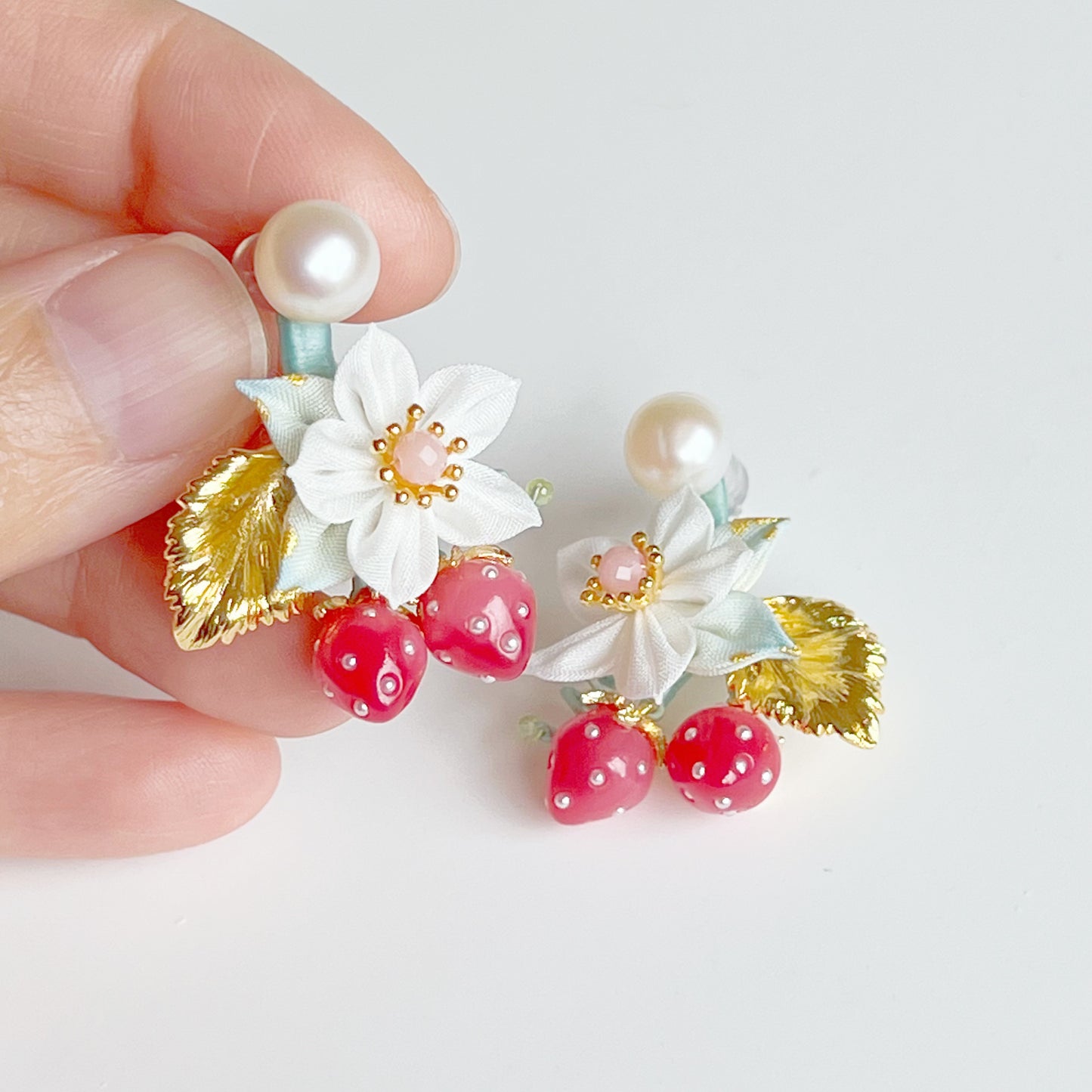 Mini Red Strawberry Gold Leaf with Fabric Flowers Earrings-Ninaouity