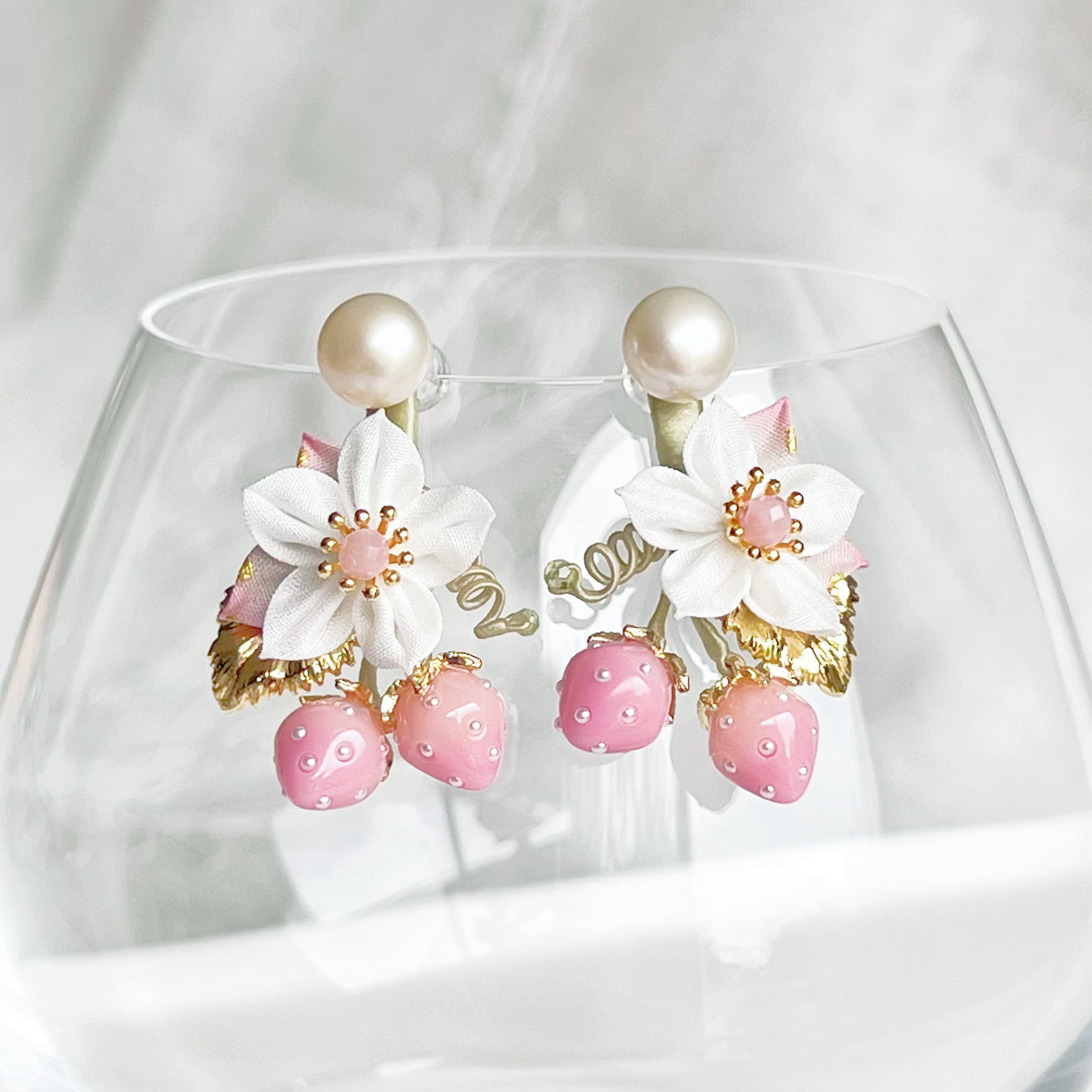 Mini Pink Strawberry Gold Leaf with Fabric Flowers Earrings