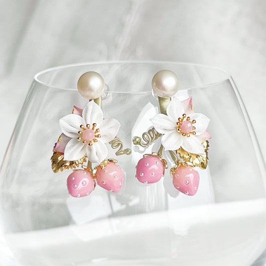 Mini Pink Strawberry Gold Leaf with Fabric Flowers Earrings-Ninaouity