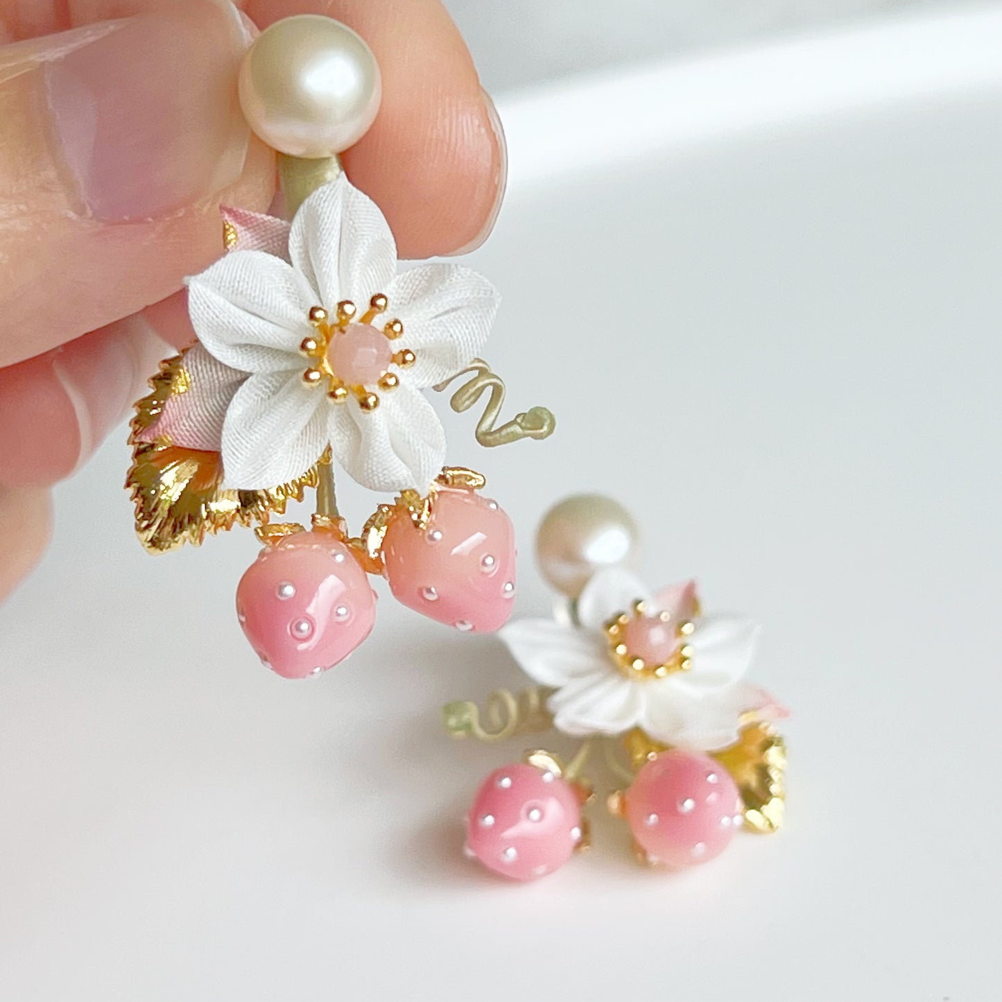 Mini Pink Strawberry Gold Leaf with Fabric Flowers Earrings-Ninaouity