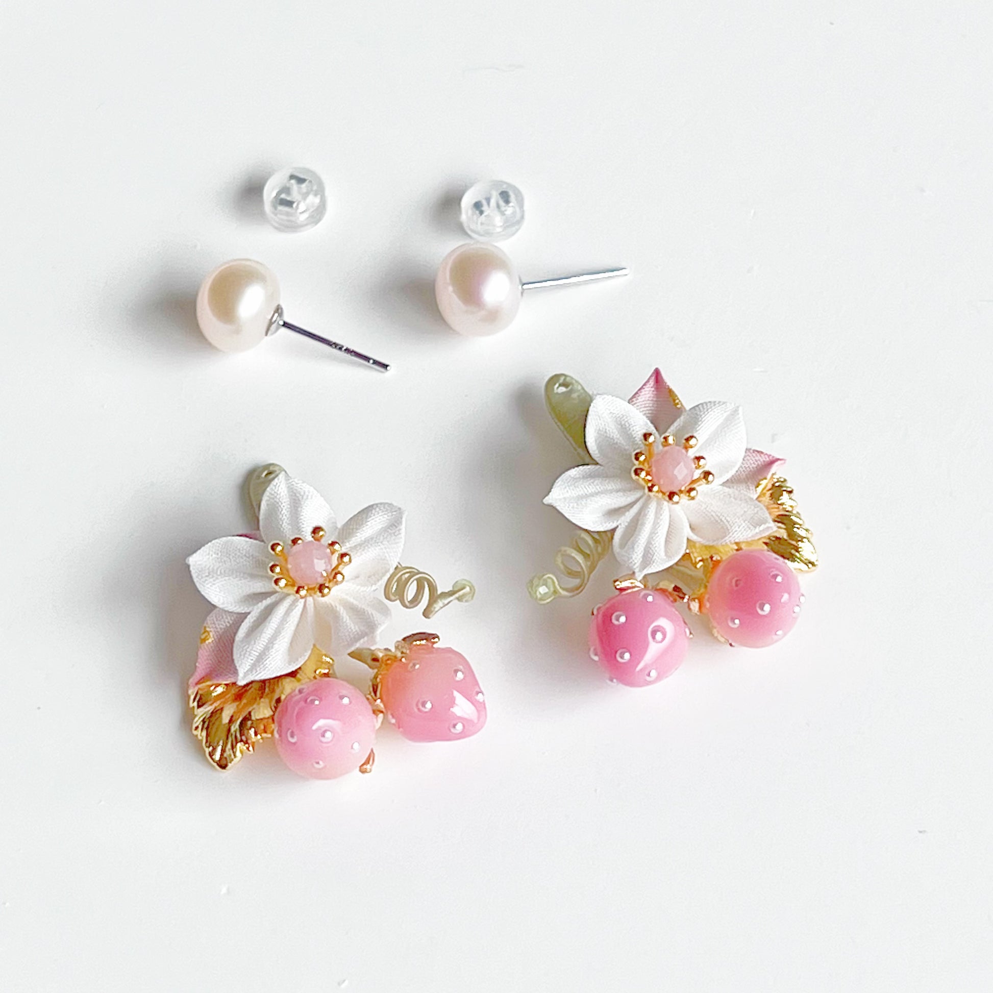 Mini Pink Strawberry Gold Leaf with Fabric Flowers Earrings-Ninaouity