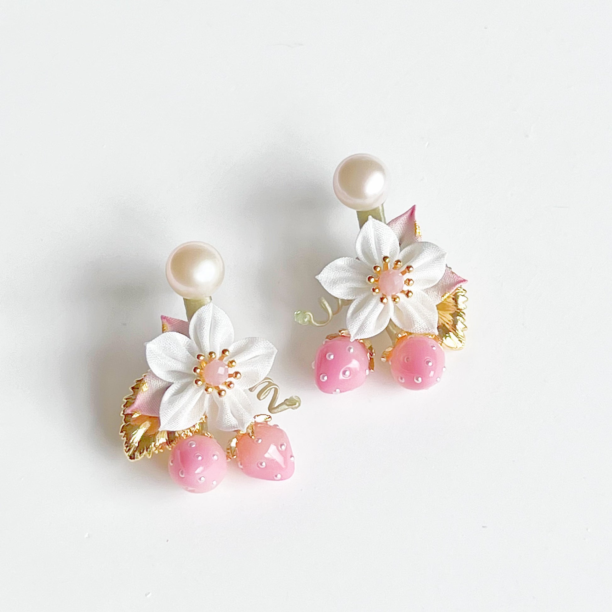 Mini Pink Strawberry Gold Leaf with Fabric Flowers Earrings-Ninaouity