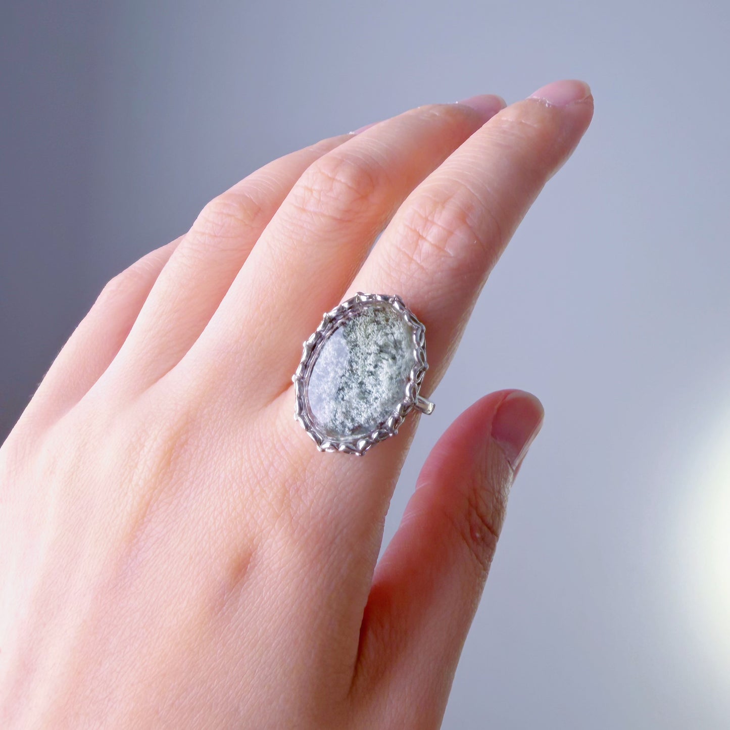 Handmade Natural Large Green Phantom Quartz Crystal Silver Ring