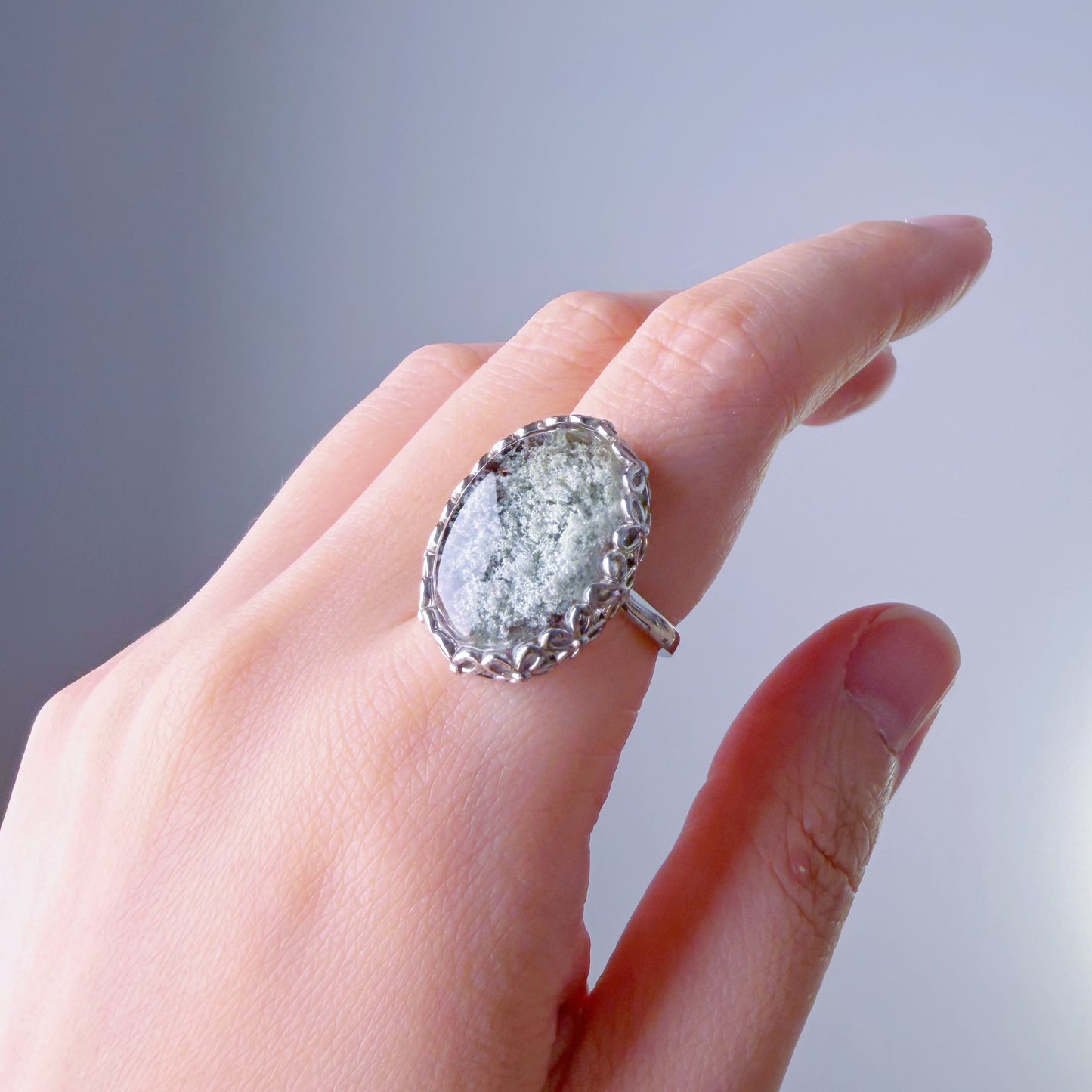Handmade Natural Large Green Phantom Quartz Crystal Silver Ring