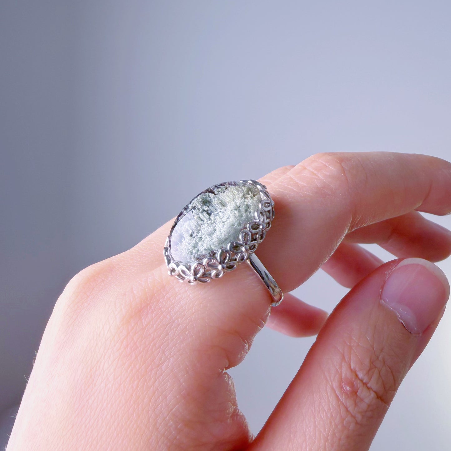 Handmade Natural Large Green Phantom Quartz Crystal Silver Ring