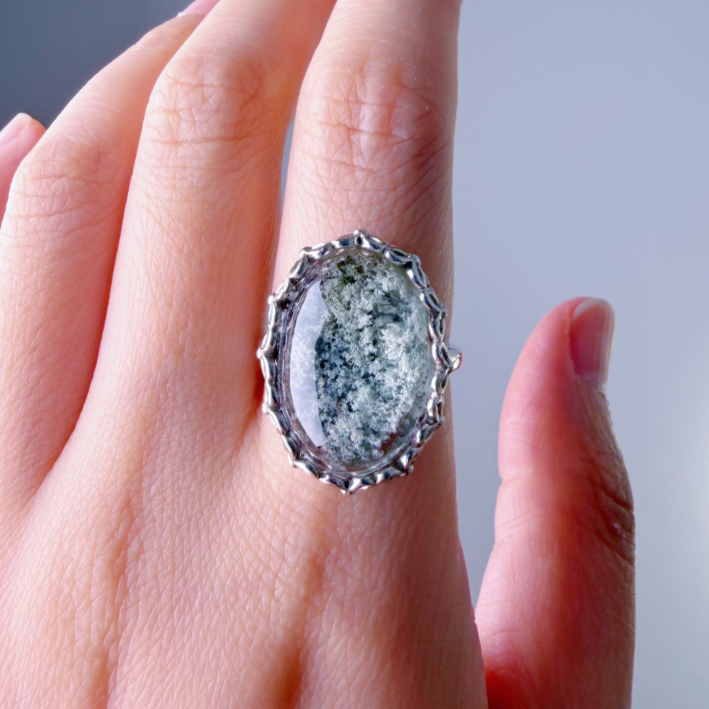 Handmade Natural Large Green Phantom Quartz Crystal Silver Ring