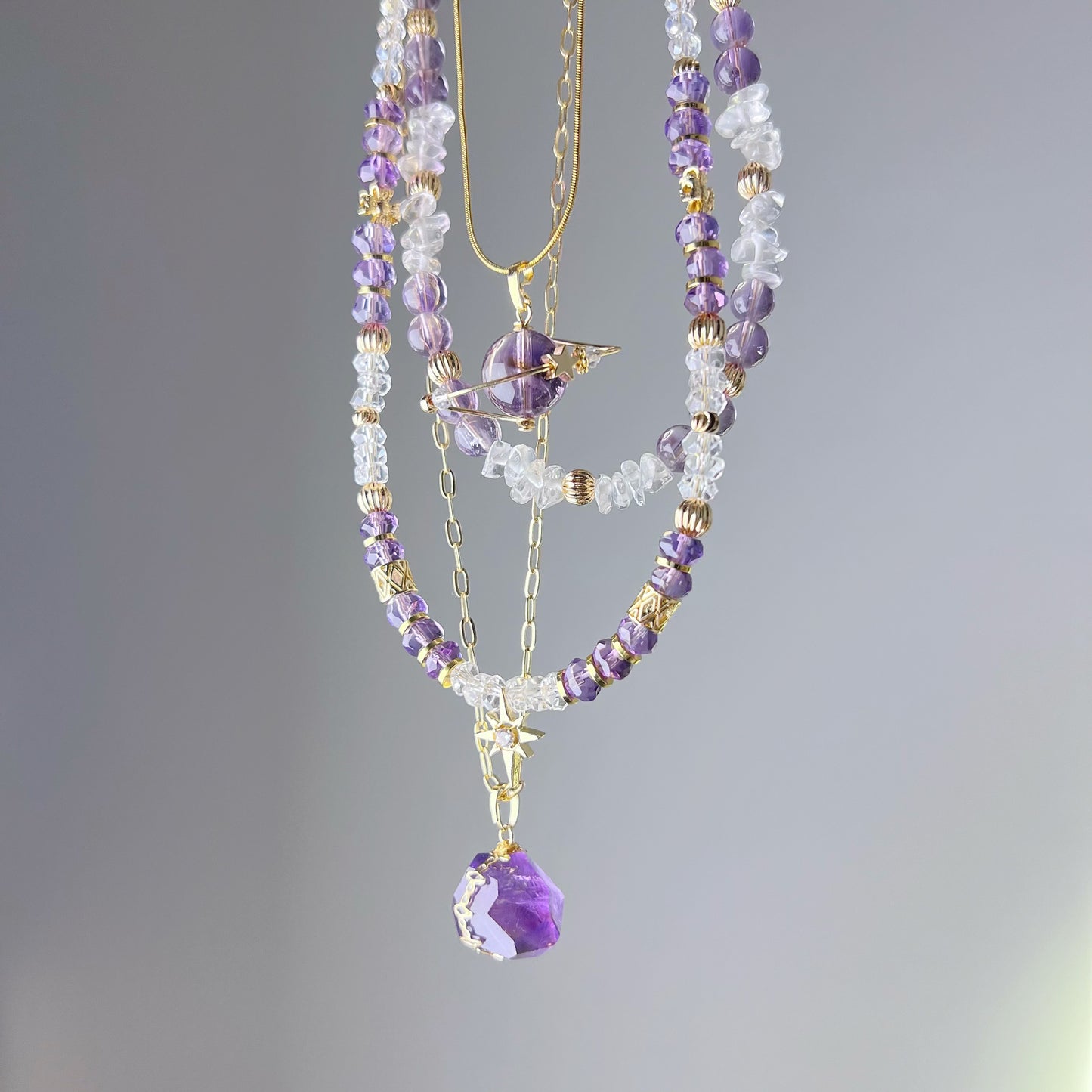 Amethyst and Free-form Clear Quartz Crystal Necklace-Ninaouity