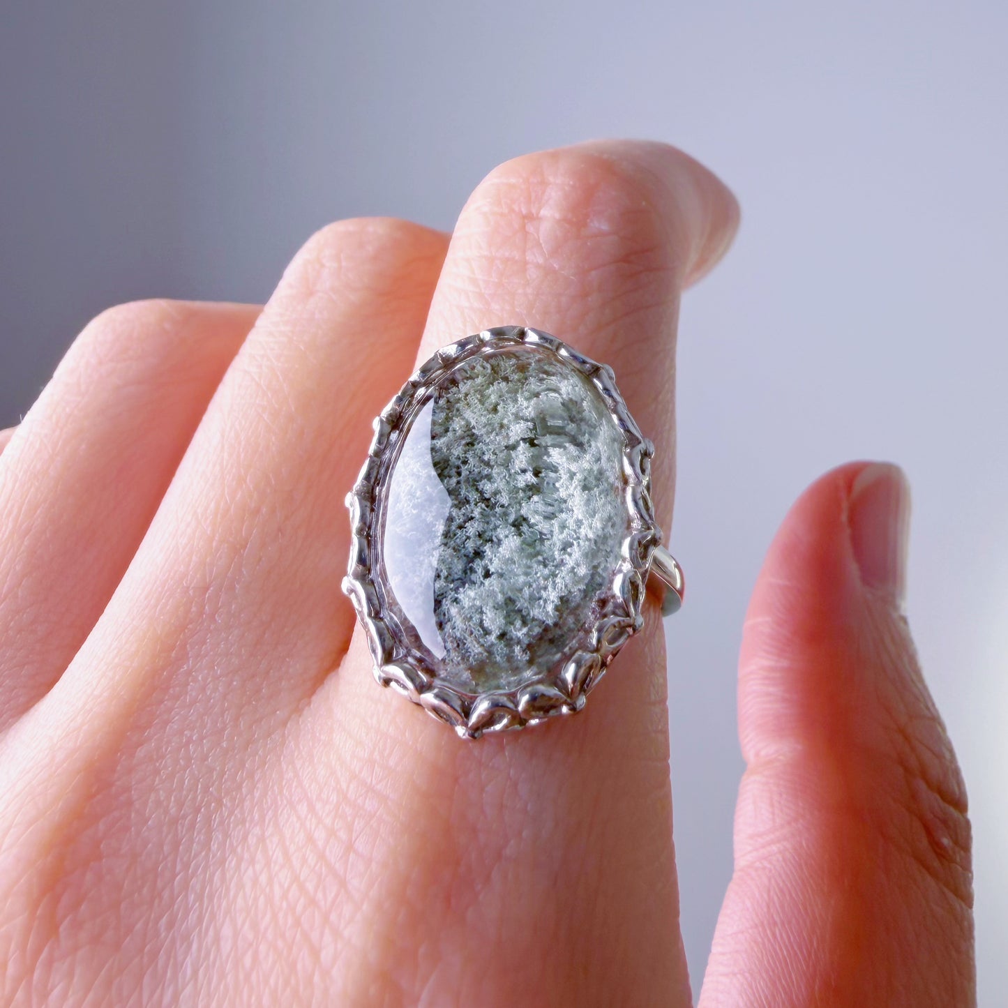 Handmade Natural Large Green Phantom Quartz Crystal Silver Ring