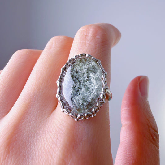 Handmade Natural Large Green Phantom Quartz Crystal Silver Ring