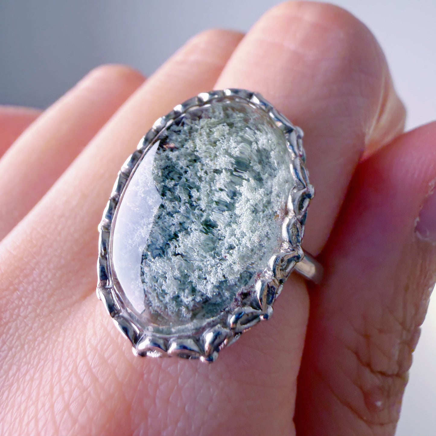 Handmade Natural Large Green Phantom Quartz Crystal Silver Ring