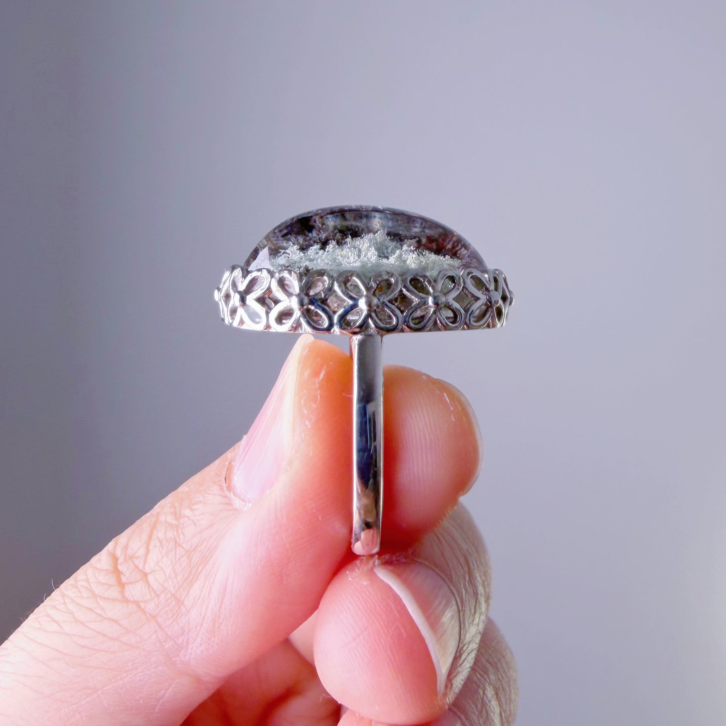 Handmade Natural Large Green Phantom Quartz Crystal Silver Ring