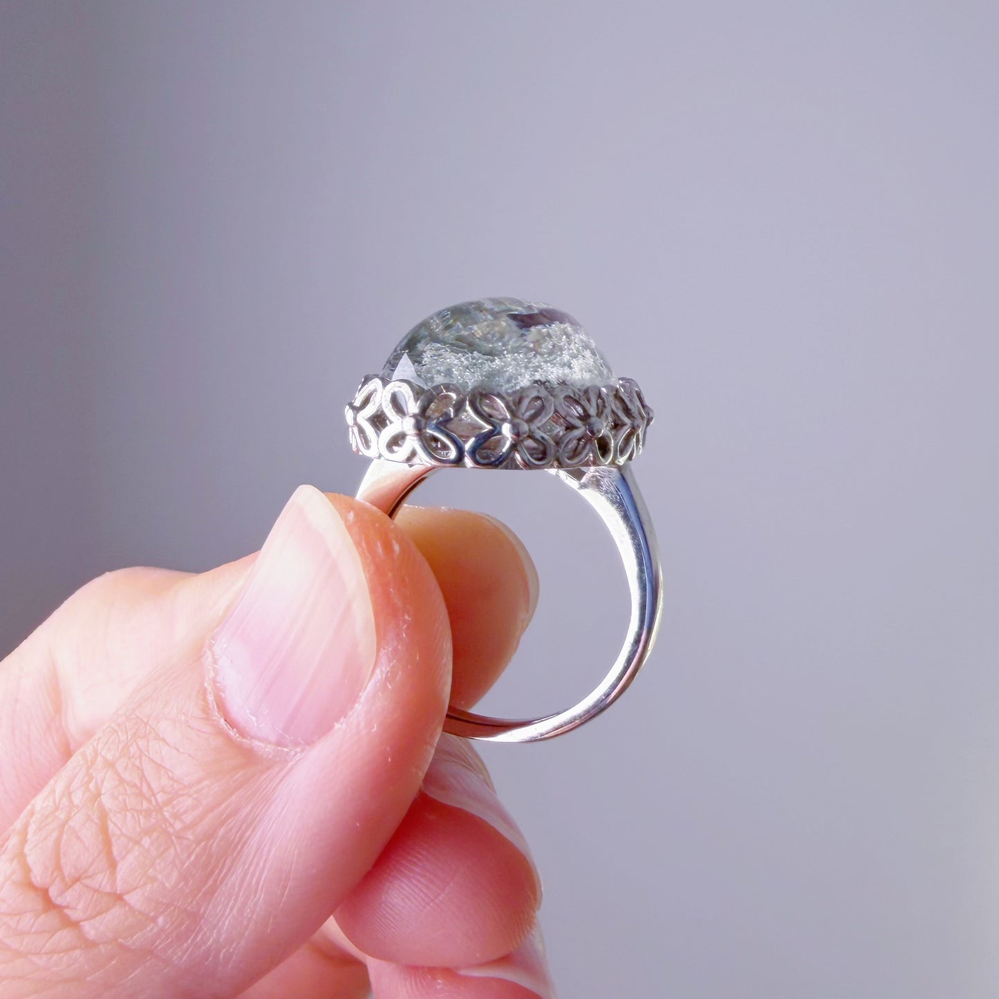 Handmade Natural Large Green Phantom Quartz Crystal Silver Ring