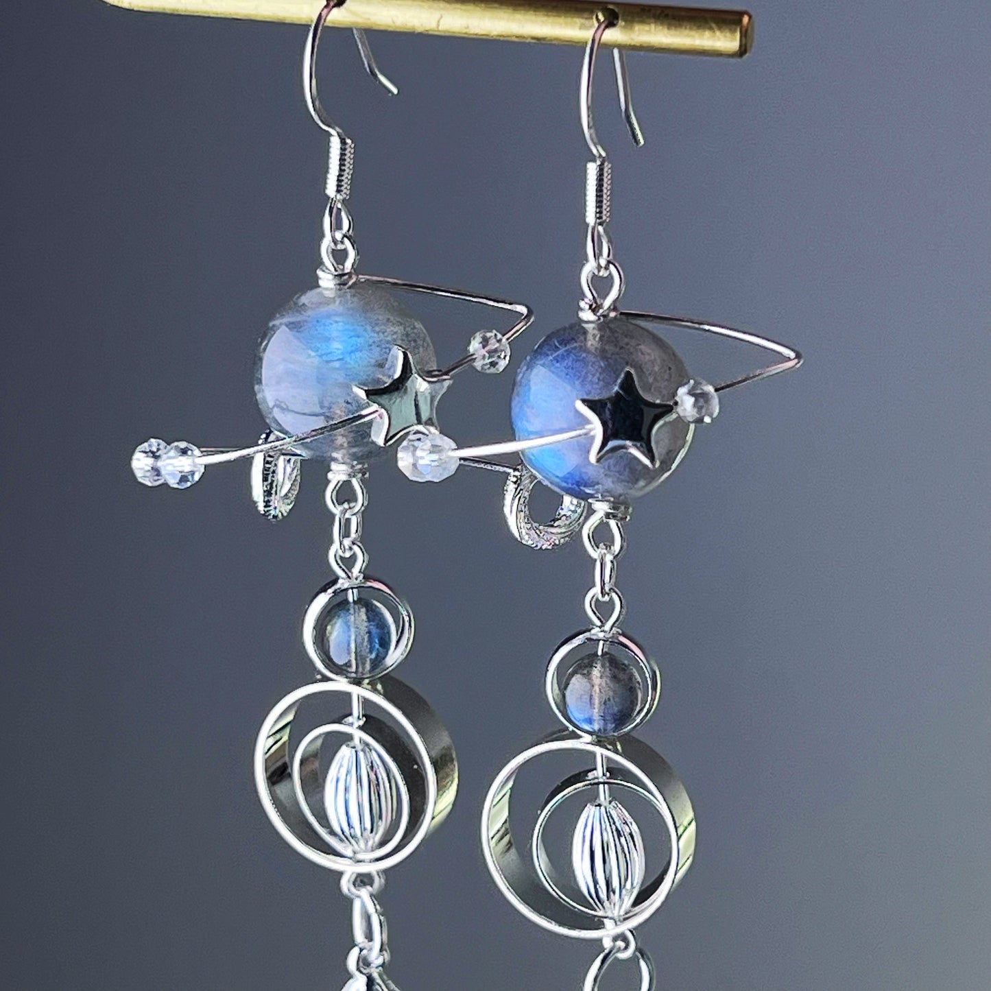 Silver Natural Labradorite Moonstone Planet Earrings-Ninaouity