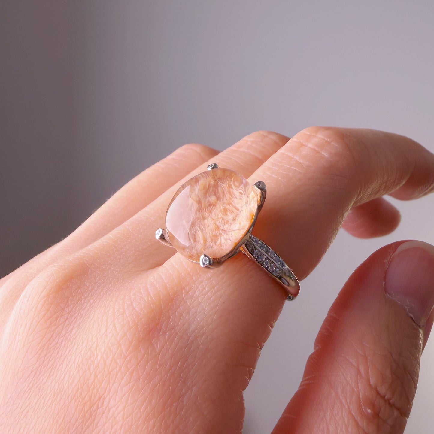 Handmade Natural Peach Phantom Quartz Lodolite Crystal Silver Ring
