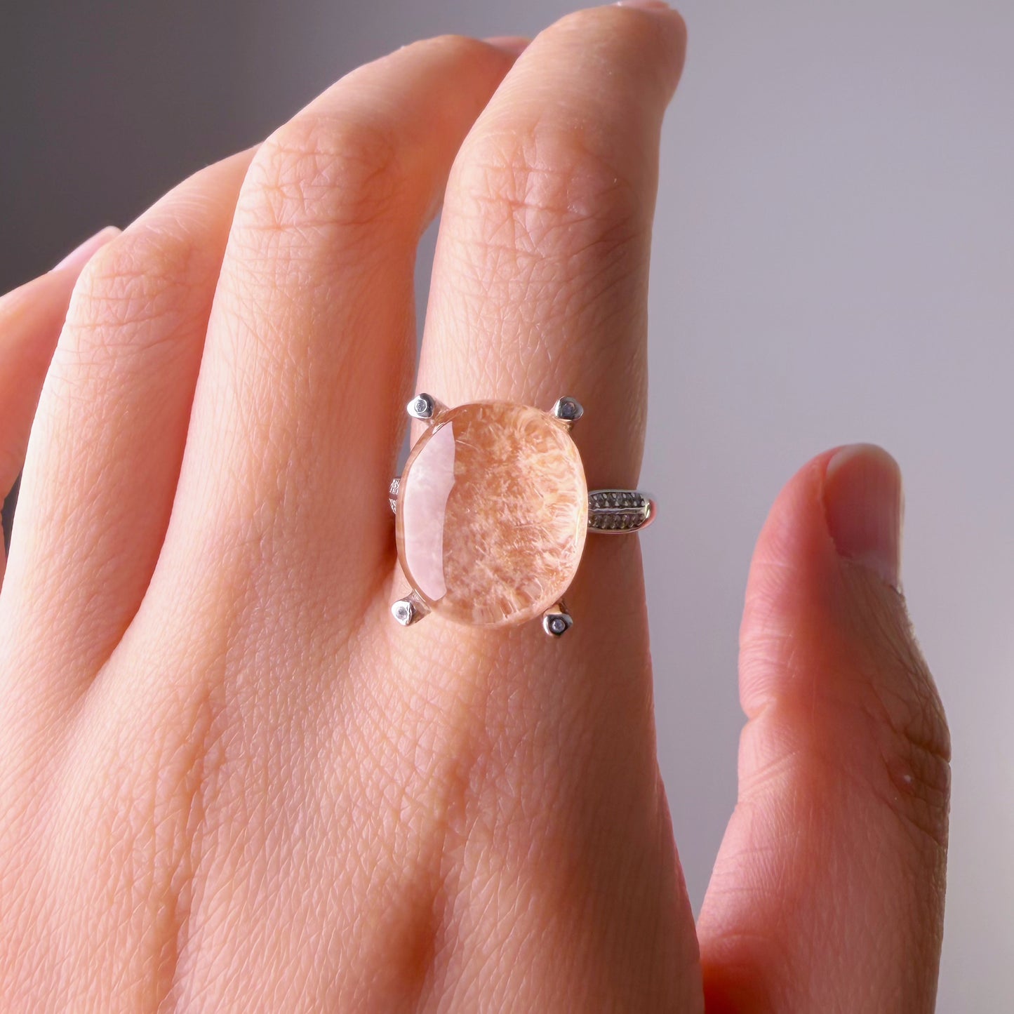 Handmade Natural Peach Phantom Quartz Lodolite Crystal Silver Ring
