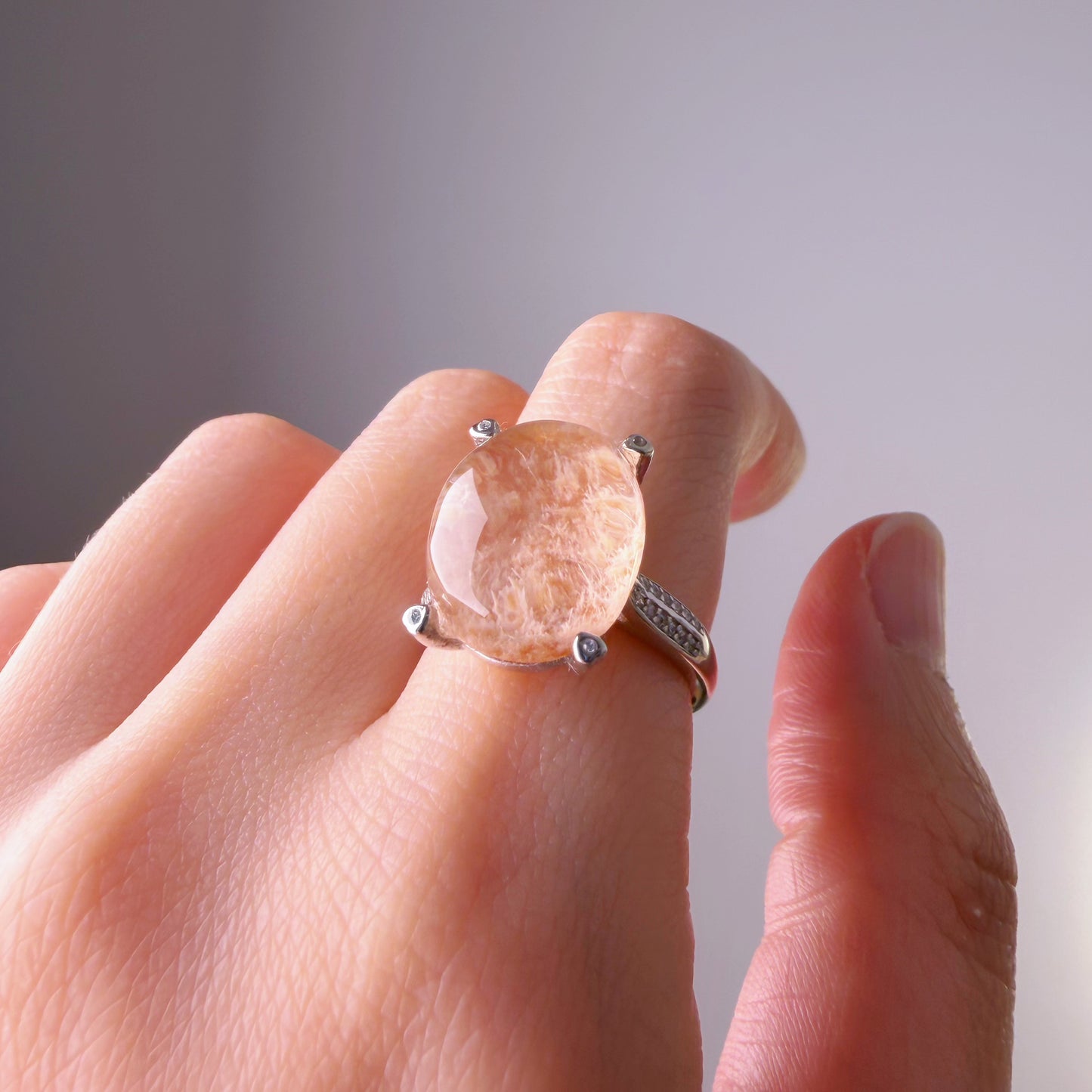 Handmade Natural Peach Phantom Quartz Lodolite Crystal Silver Ring