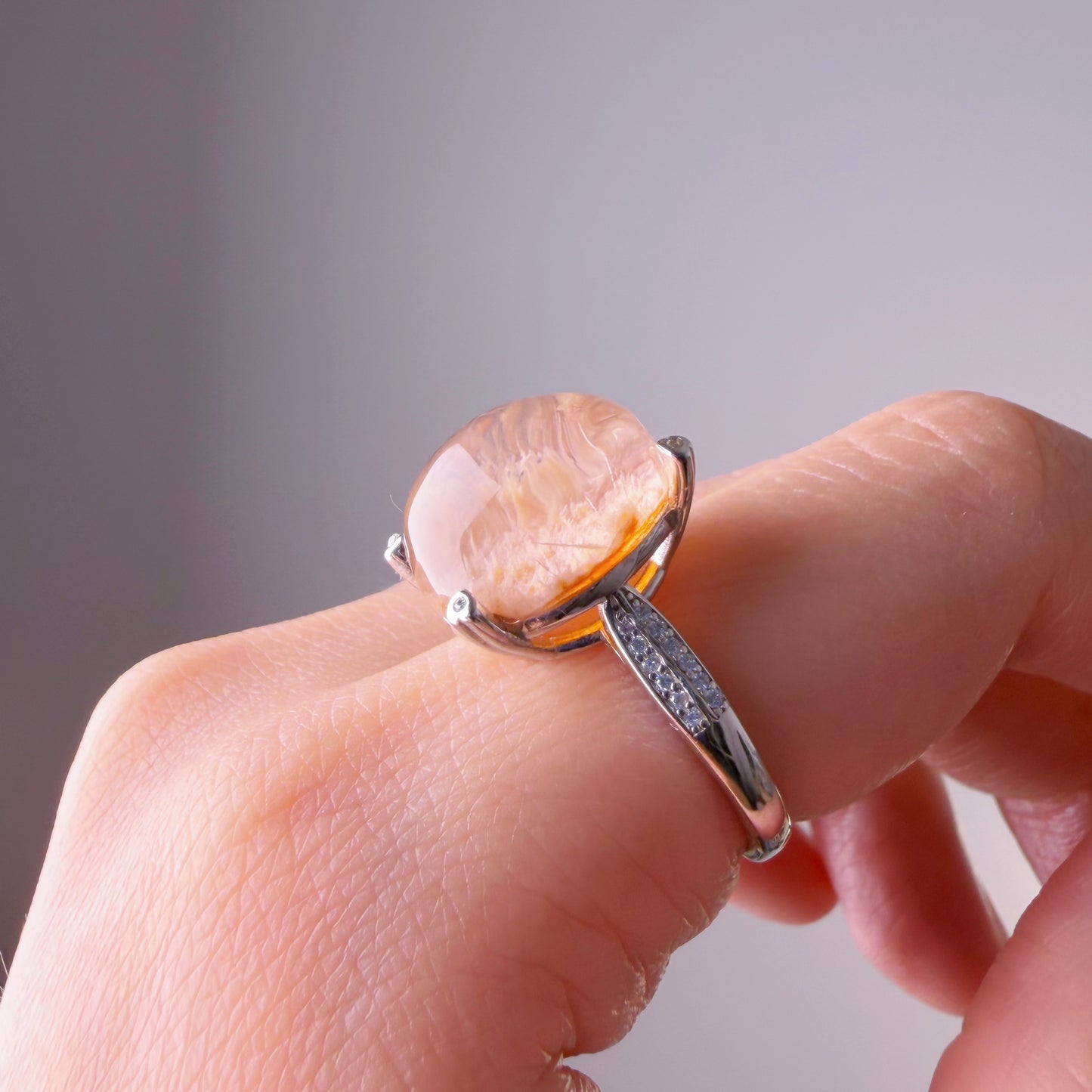 Handmade Natural Peach Phantom Quartz Lodolite Crystal Silver Ring