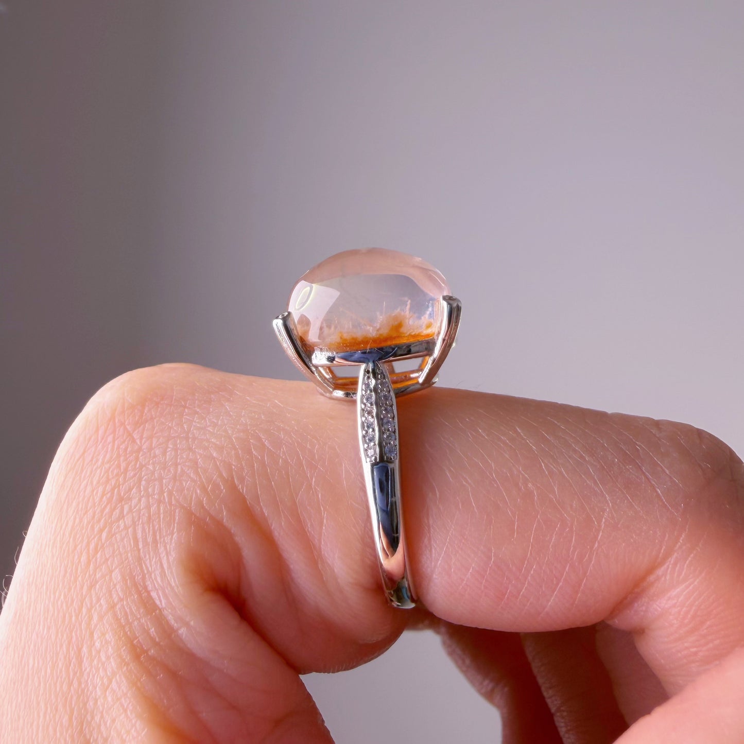 Handmade Natural Peach Phantom Quartz Lodolite Crystal Silver Ring