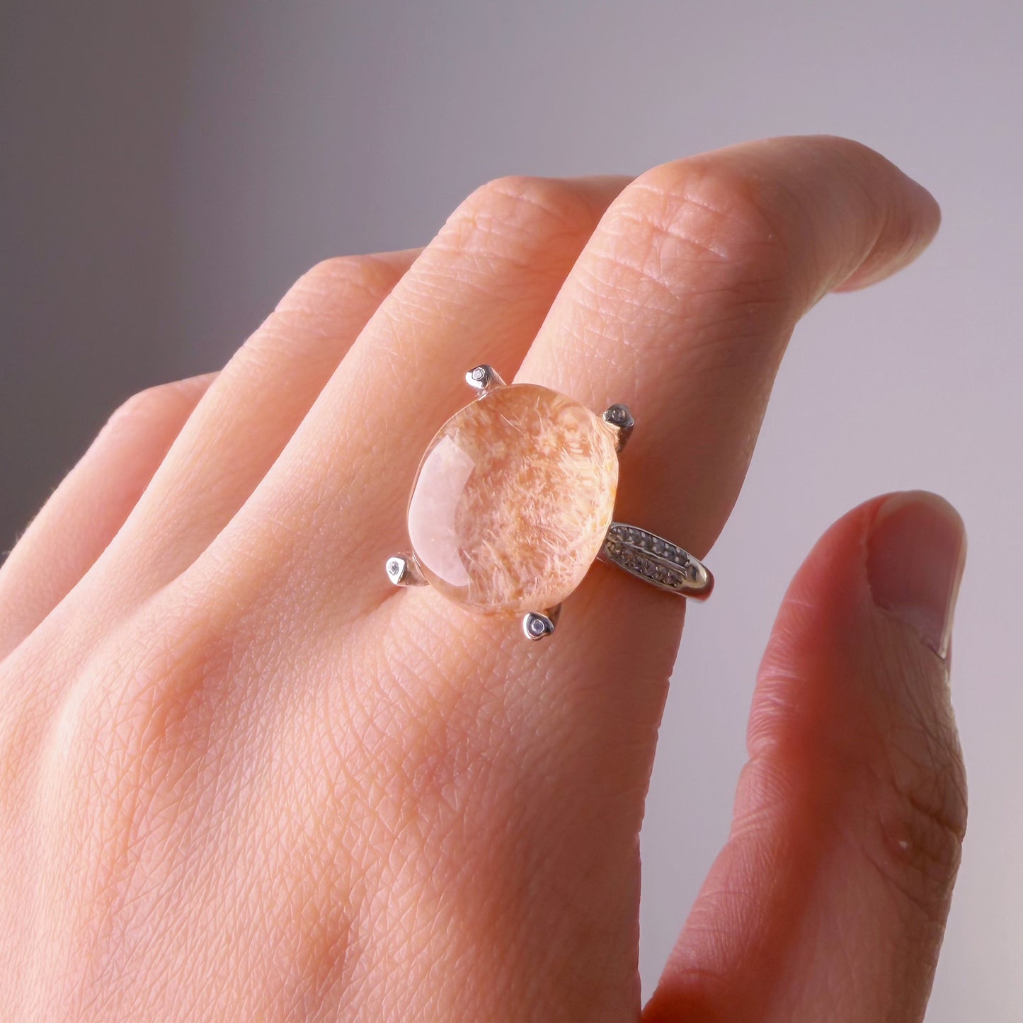Handmade Natural Peach Phantom Quartz Lodolite Crystal Silver Ring