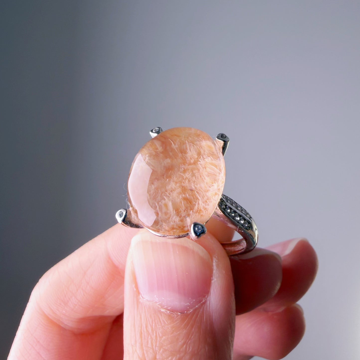 Handmade Natural Peach Phantom Quartz Lodolite Crystal Silver Ring