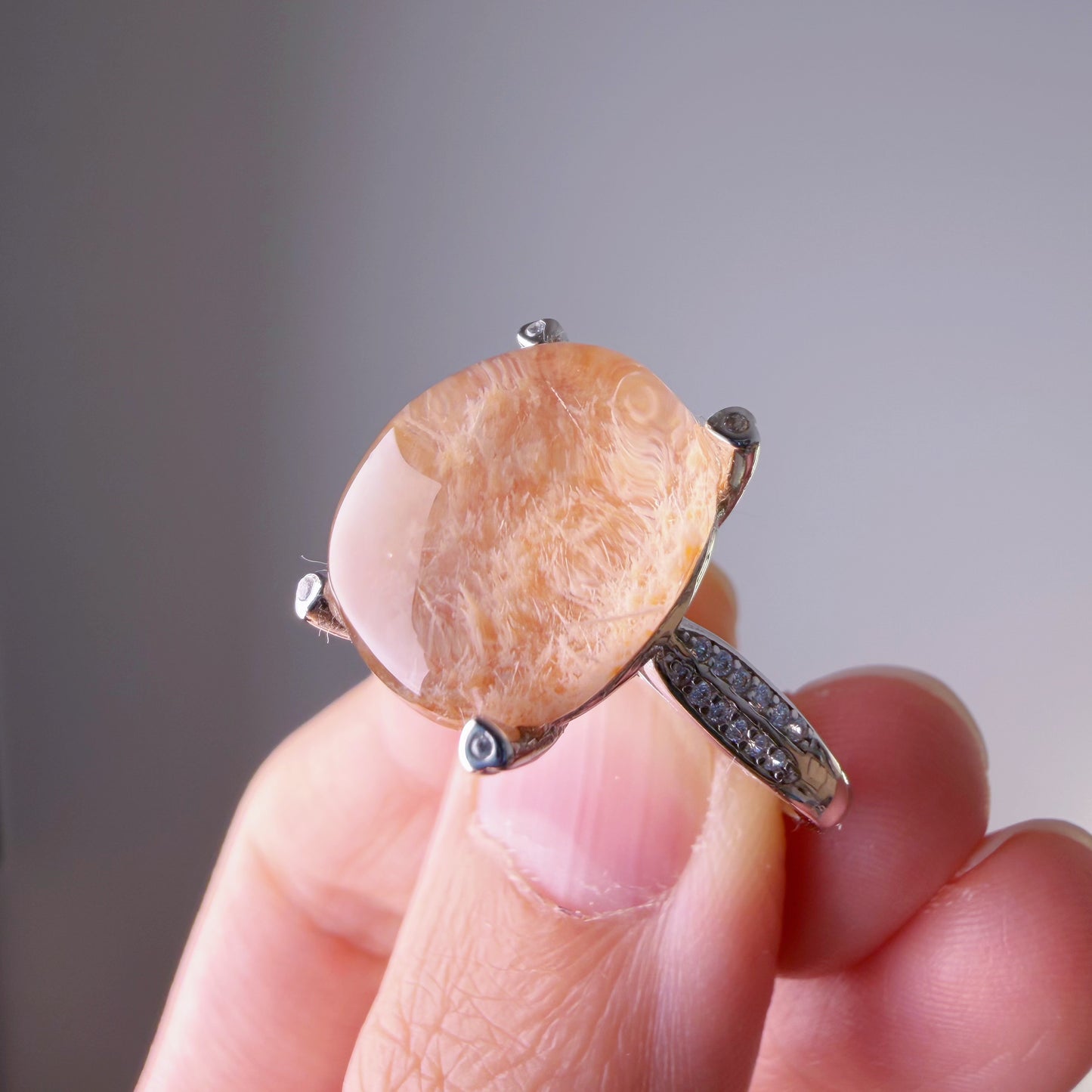 Handmade Natural Peach Phantom Quartz Lodolite Crystal Silver Ring
