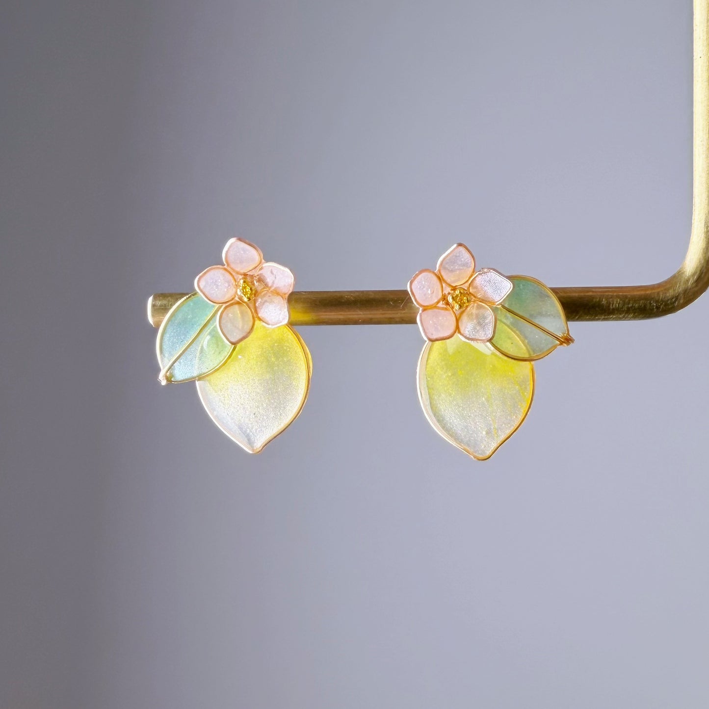 Handmade Yellow Lemon and Flower Stud Earrings