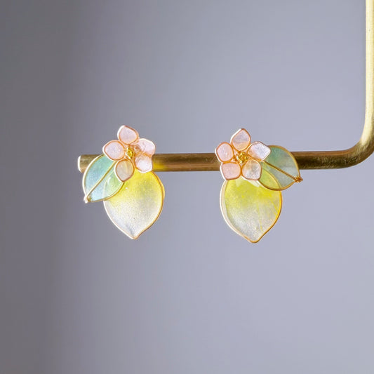 Handmade Yellow Lemon and Flower Stud Earrings