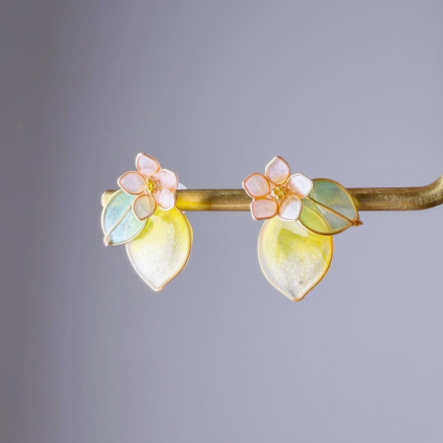Handmade Yellow Lemon and Flower Stud Earrings