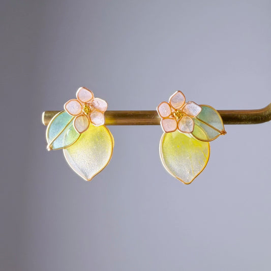 Handmade Yellow Lemon and Flower Stud Earrings