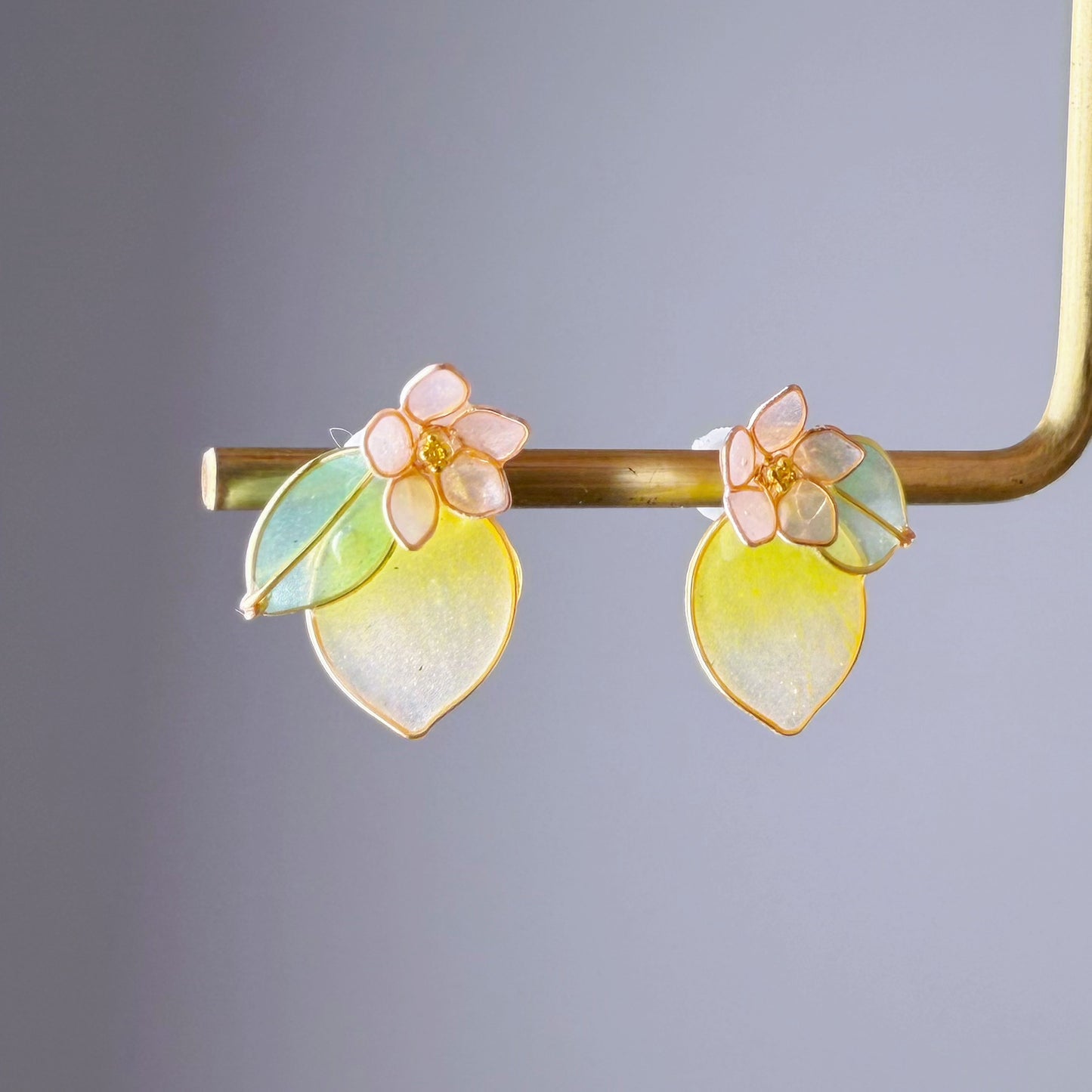 Handmade Yellow Lemon and Flower Stud Earrings
