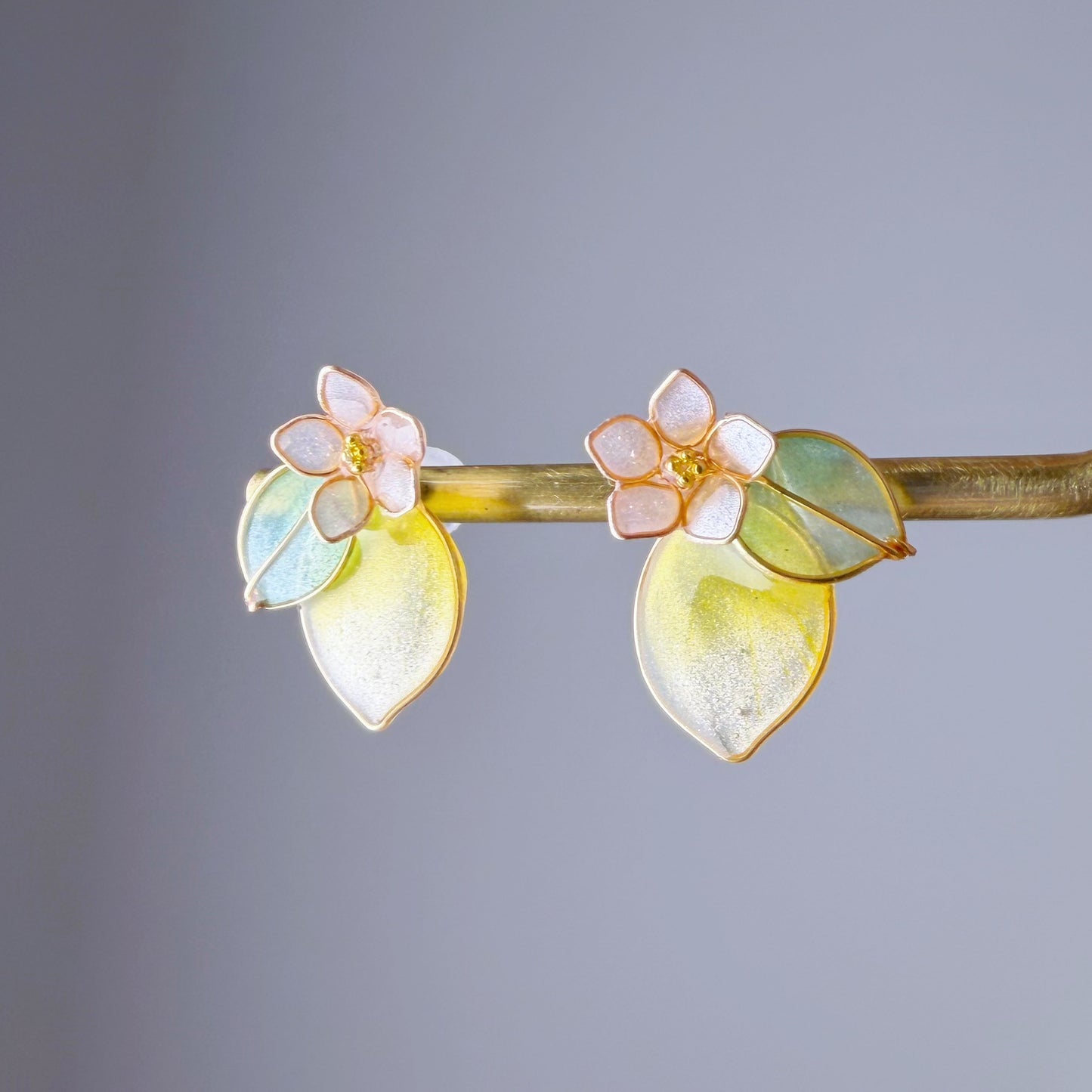 Handmade Yellow Lemon and Flower Stud Earrings