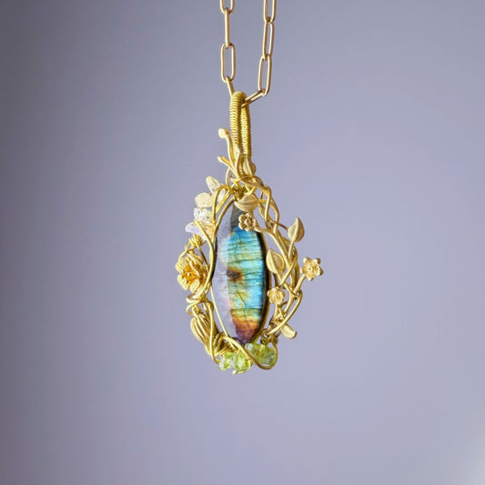 Quartzberry - Bronze Rainbow Labradorite Crystal Wire Wrap Necklace - one of a kind