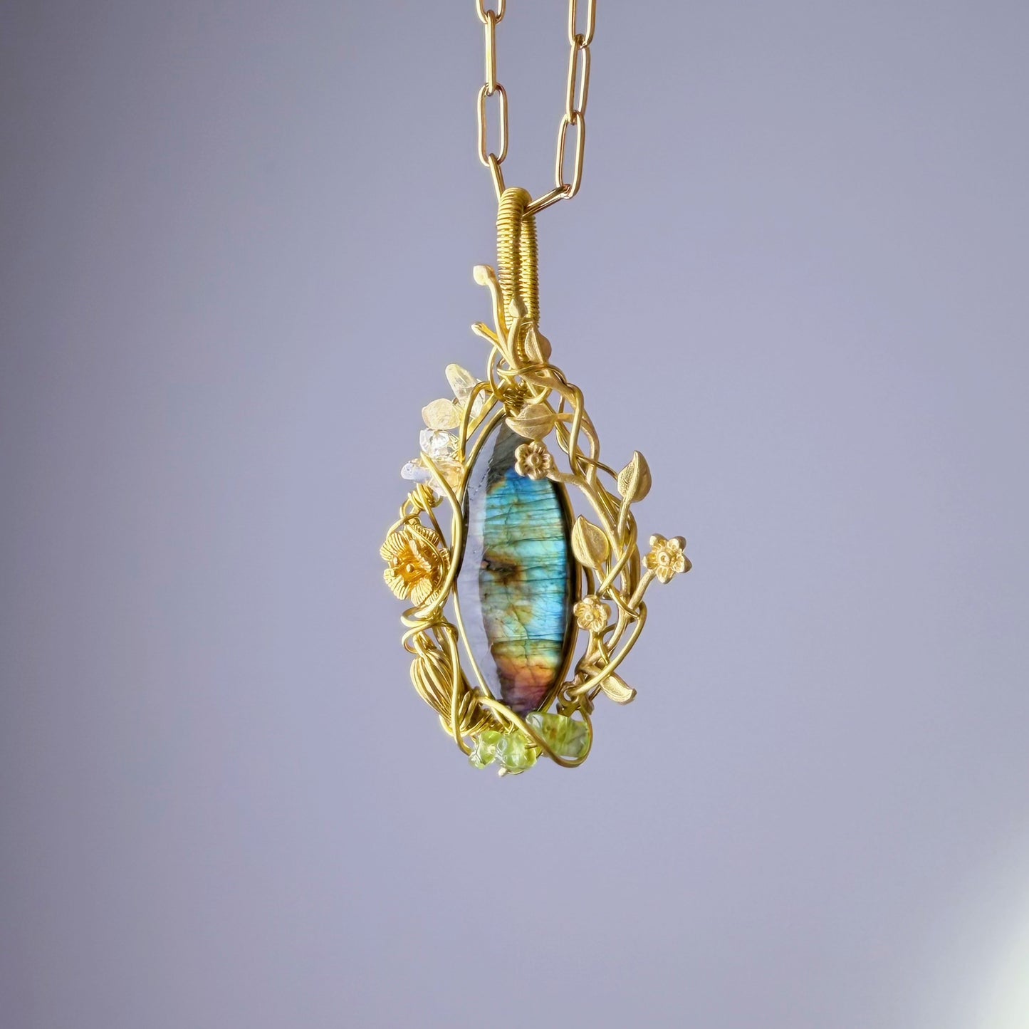 Quartzberry - Bronze Rainbow Labradorite Crystal Wire Wrap Necklace - one of a kind