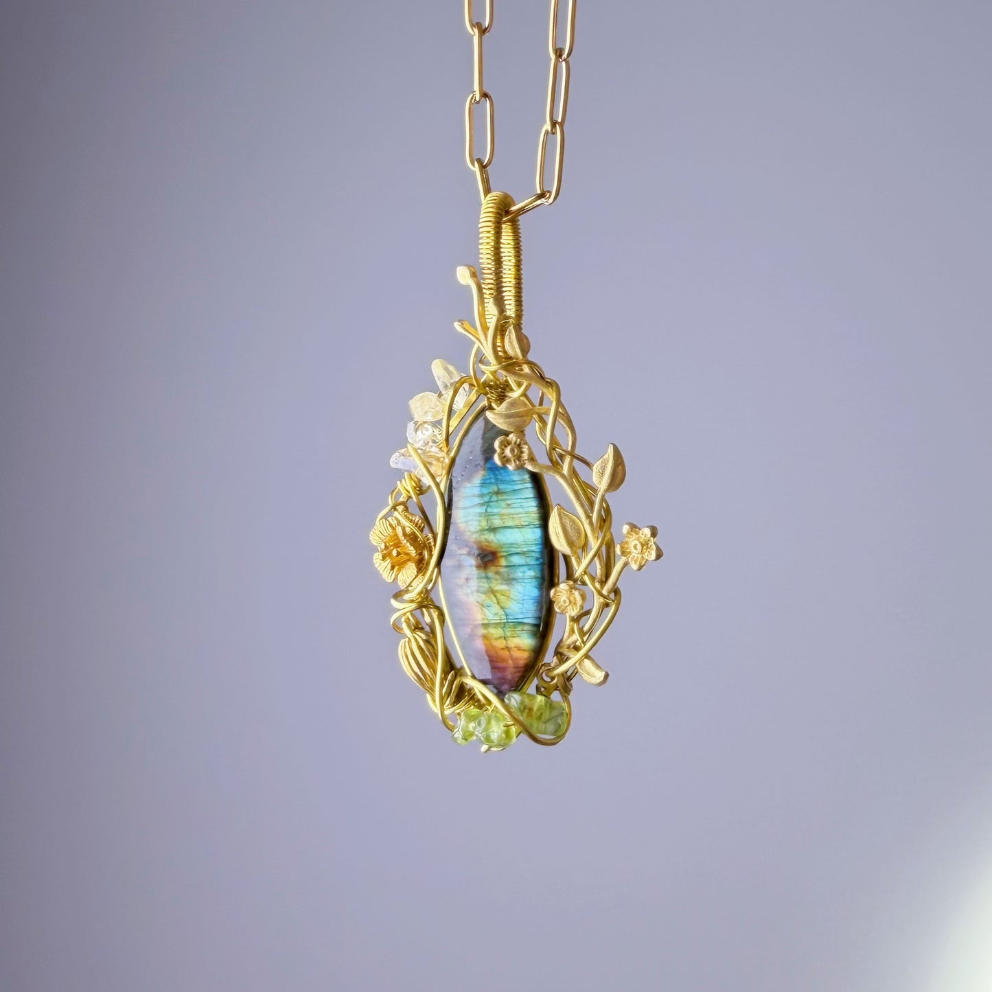 Quartzberry - Bronze Rainbow Labradorite Crystal Wire Wrap Necklace - one of a kind