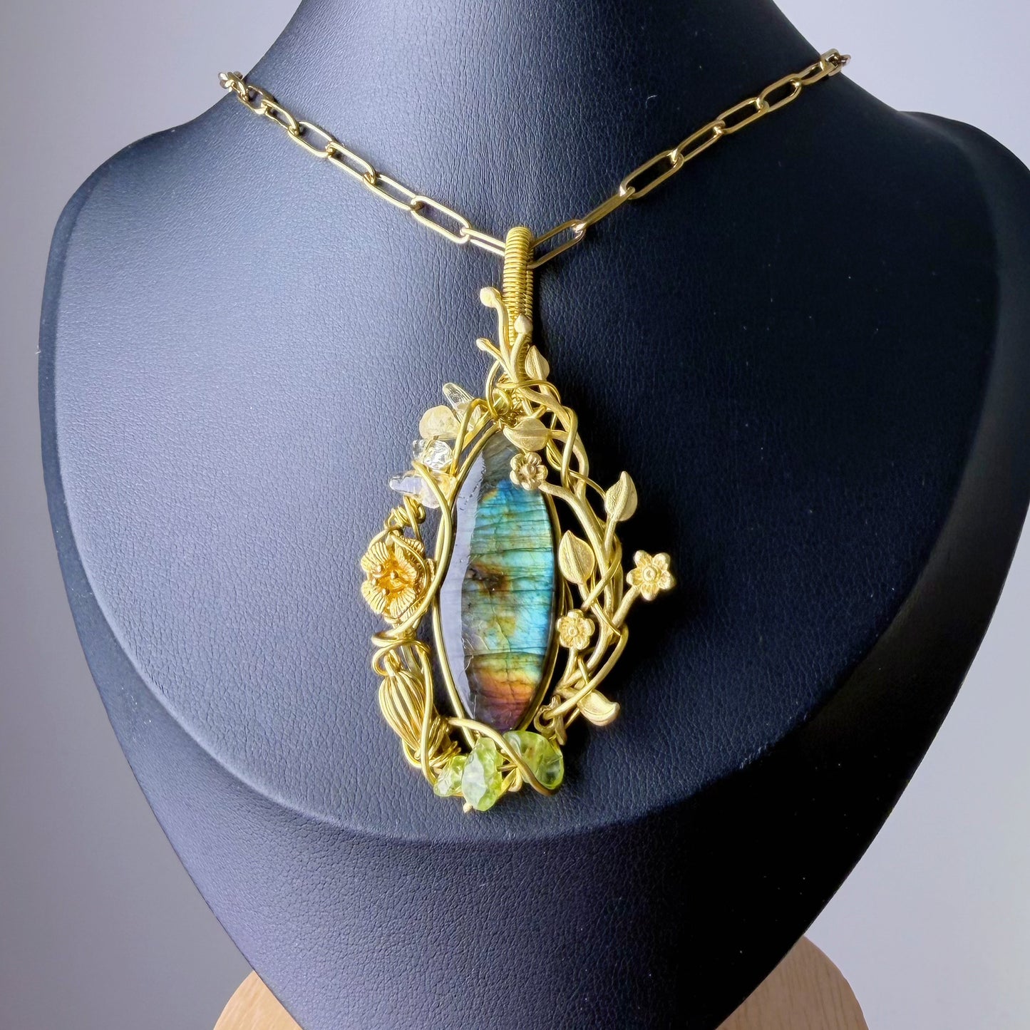 Quartzberry - Bronze Rainbow Labradorite Crystal Wire Wrap Necklace - one of a kind