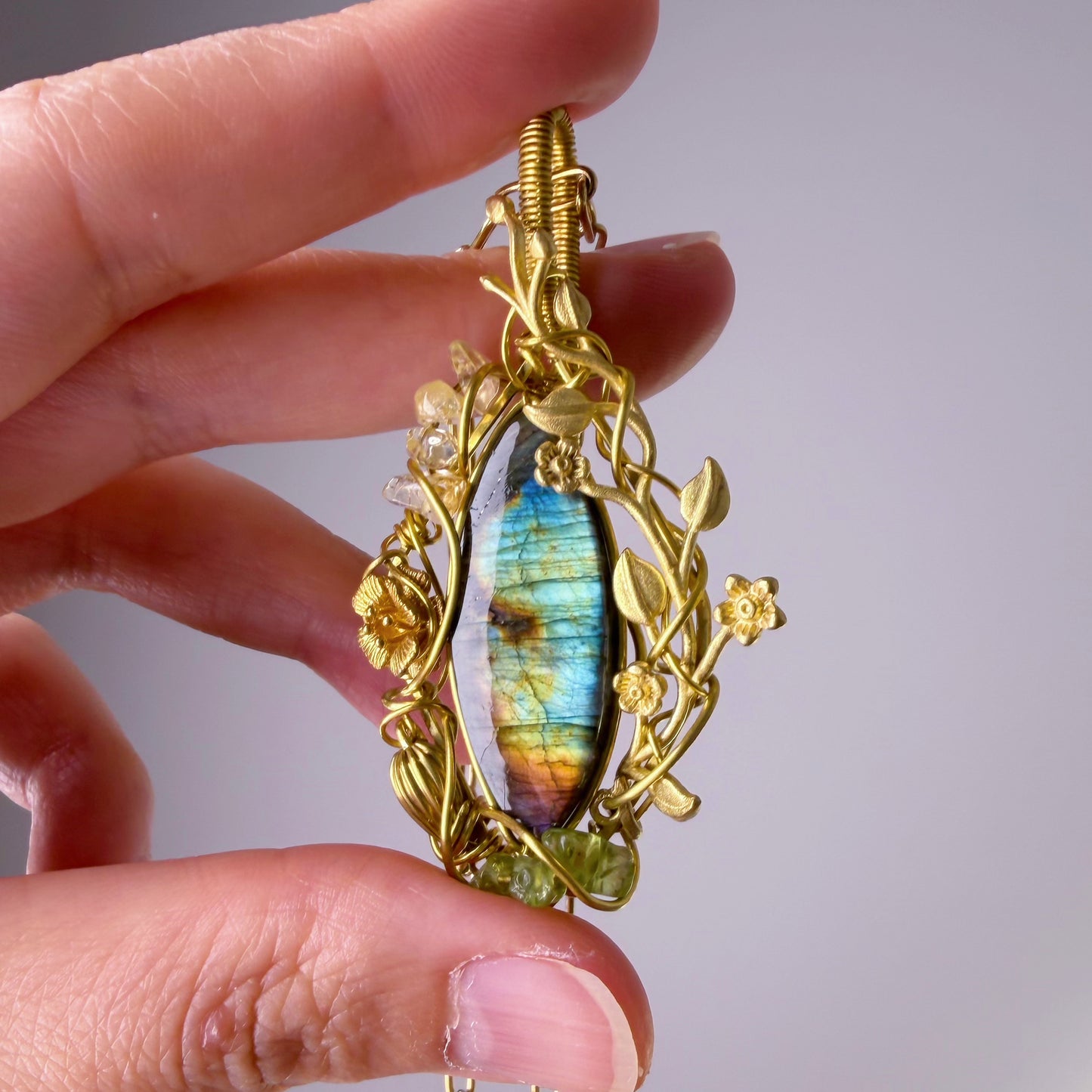 Quartzberry - Bronze Rainbow Labradorite Crystal Wire Wrap Necklace - one of a kind