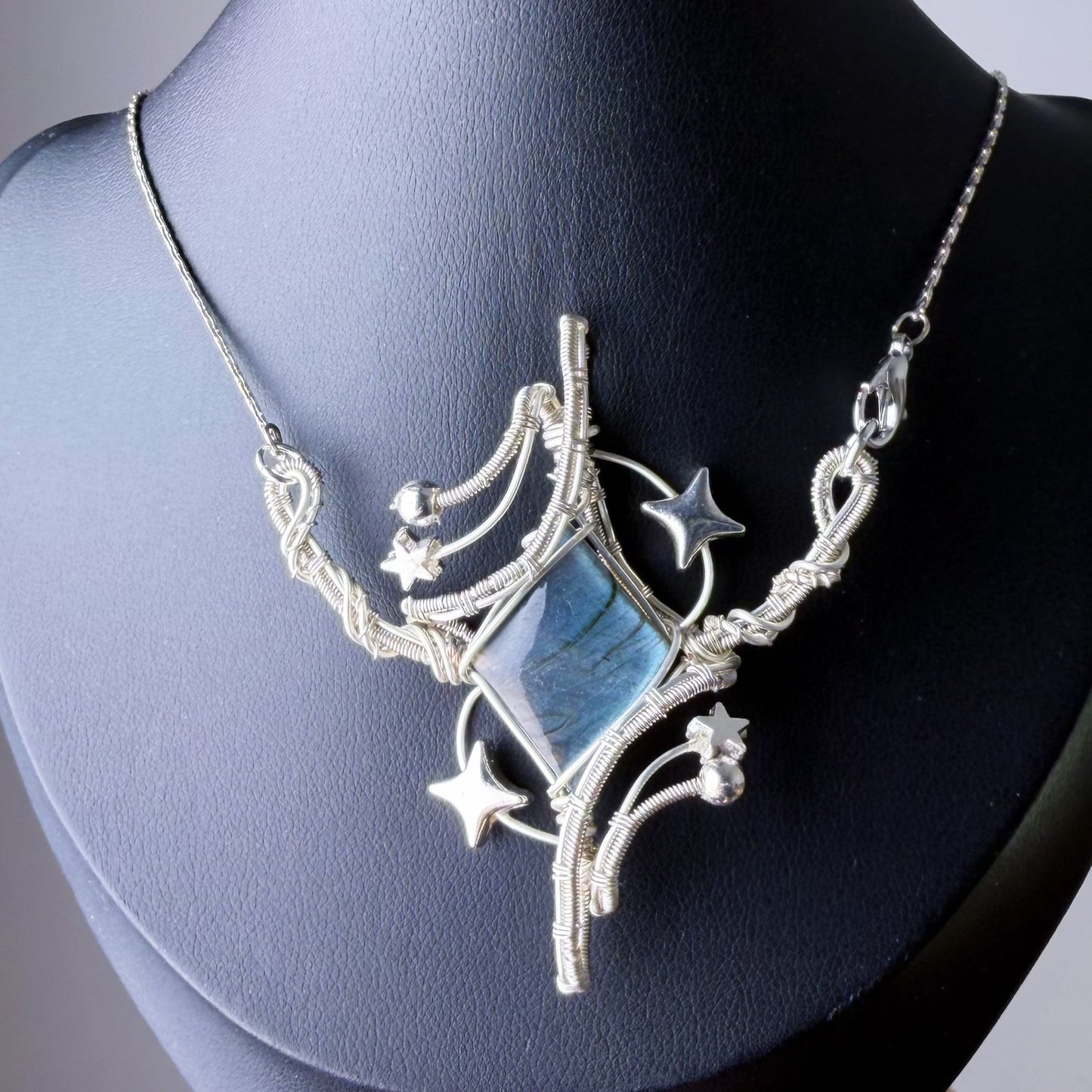 Quartzberry - Silver Blue Labradorite Crystal Large Polaris Wire Wrap Necklace - one of a kind