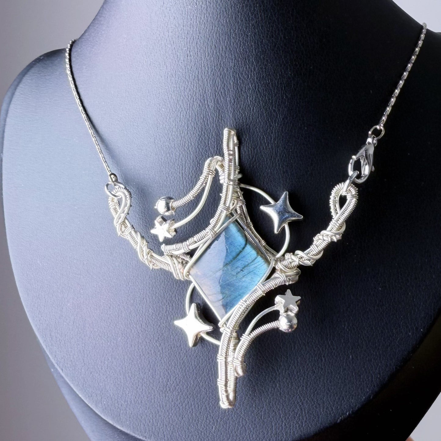 Quartzberry - Silver Blue Labradorite Crystal Large Polaris Wire Wrap Necklace - one of a kind