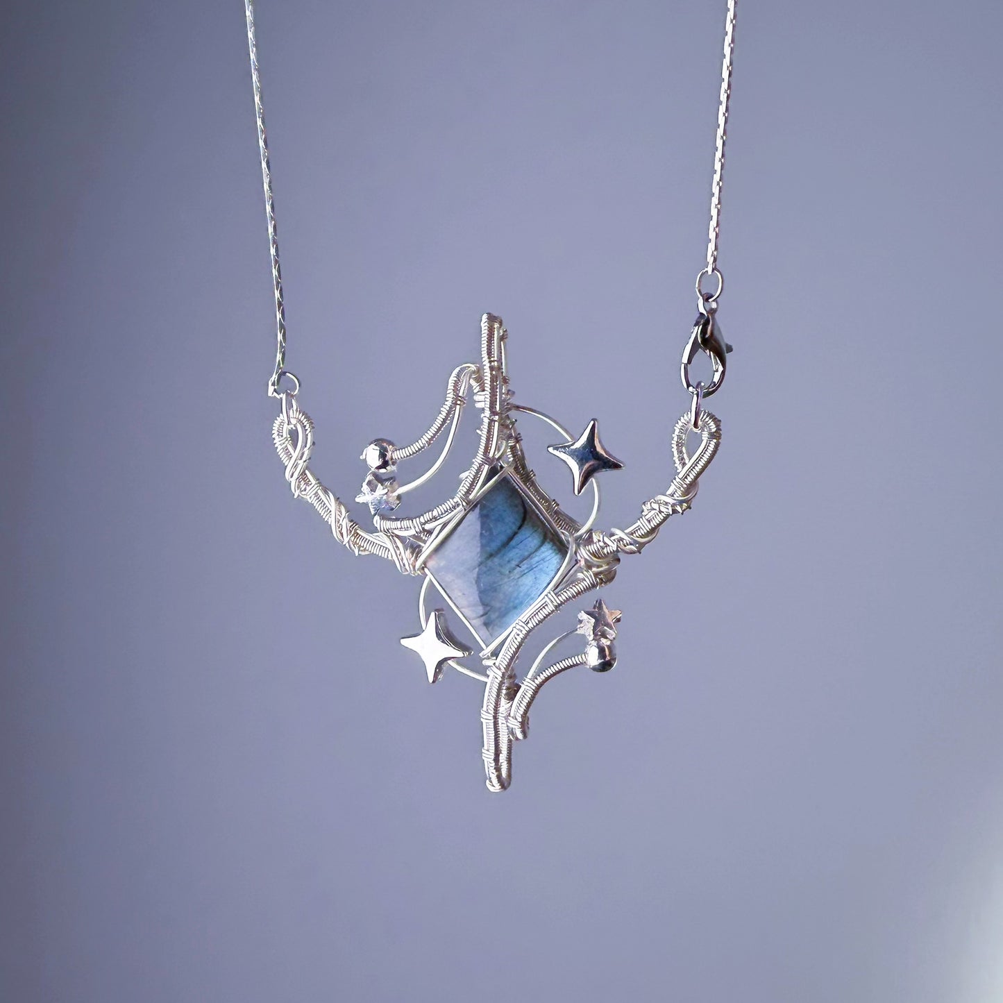 Quartzberry - Silver Blue Labradorite Crystal Large Polaris Wire Wrap Necklace - one of a kind