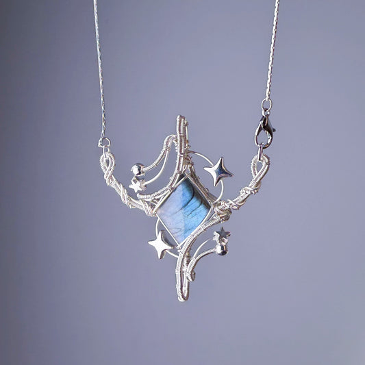 Quartzberry - Silver Blue Labradorite Crystal Large Polaris Wire Wrap Necklace - one of a kind