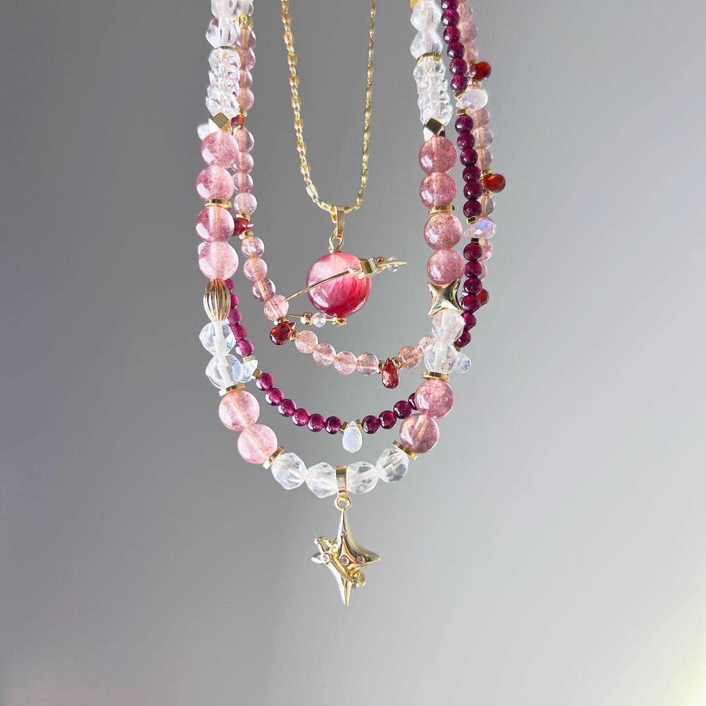 Dark Pink Lepidolite Planet Crystal Pendant Necklace-Ninaouity