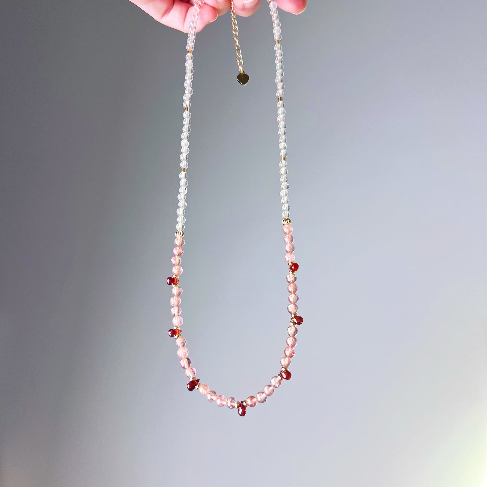 Garnet Teardrop and Strawberry Quartz Crystal Necklace-Ninaouity