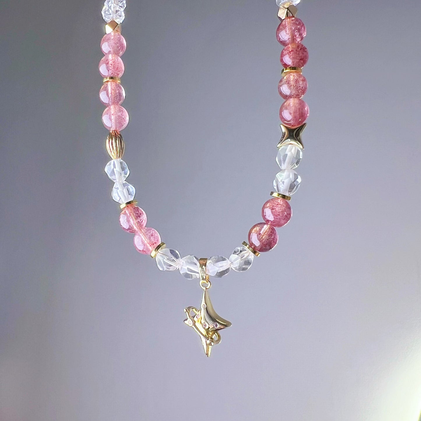 Strawberry Quartz and North Star Polaris Crystal Necklace-Ninaouity